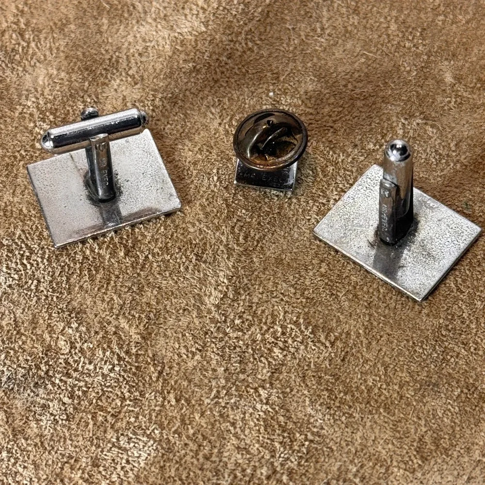 Mr. Exec Sterling Silver Cuff Links Tie Pin Mens 1960s Trio Set